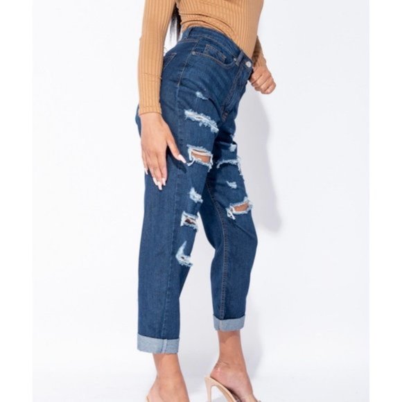 Blue High Waist Ripped Distressed Cuffed Boyfriend Jeans Denim Pants - Picture 8 of 13